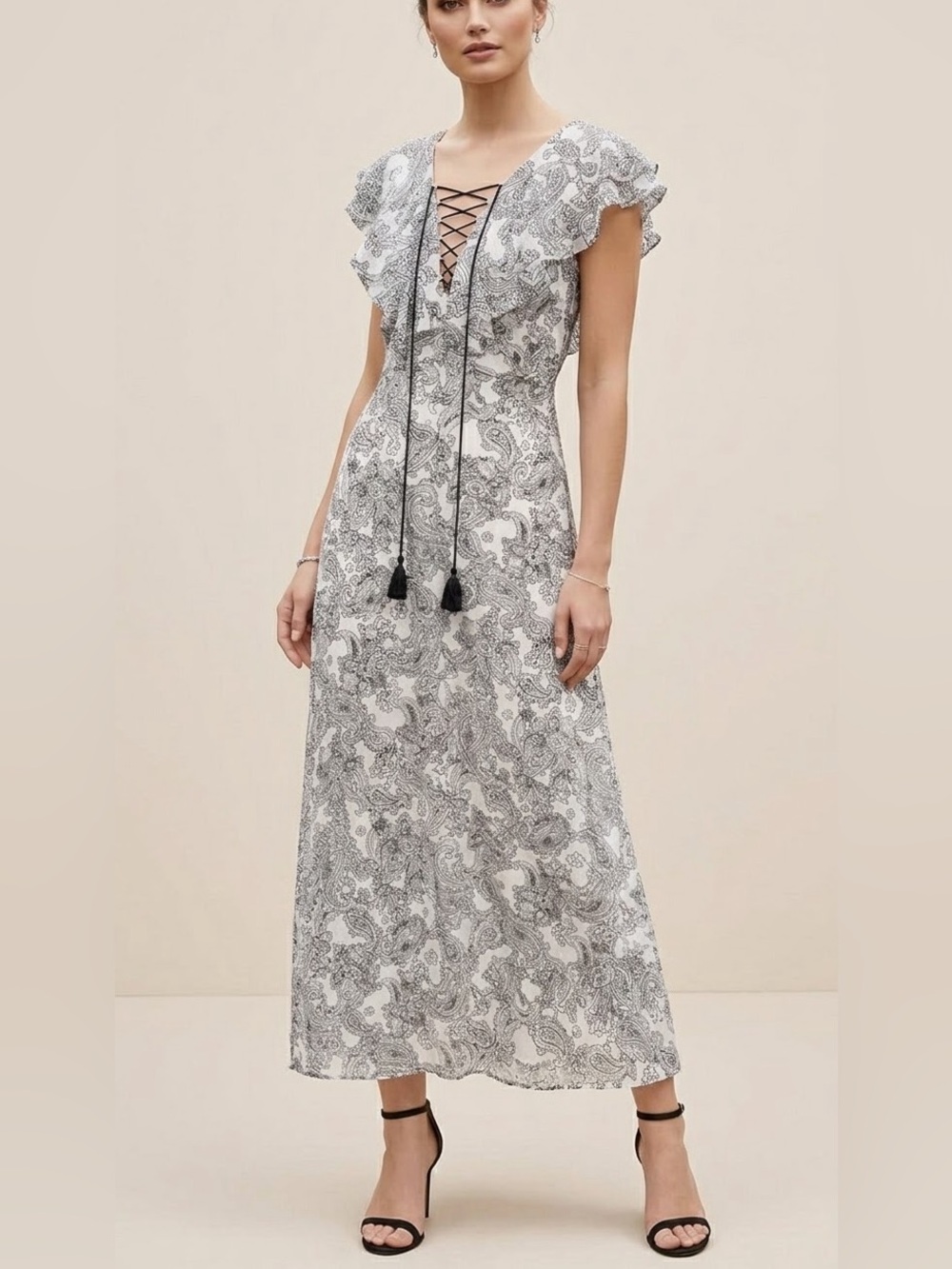 Badgley Mischka Elisa Maxi Dress Sz 0 Black White Toile Floral Print Ruffled NWT